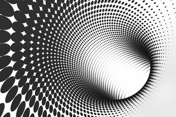 Black and white dotted spiral tunnel. Striped twisted spotted optical illusion. Abstract halftone background. 3D render.