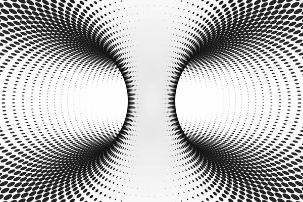 Black and white dotted spiral tunnel. Striped twisted spotted optical illusion. Abstract halftone background. 3D render. — Stock Photo, Image