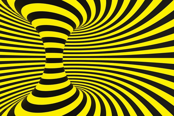 Zwarte en gele politie spiral tunnel. Gestreepte gedraaide hypnotische optische illusie. Waarschuwing veiligheid achtergrond. 3D render. — Stockfoto