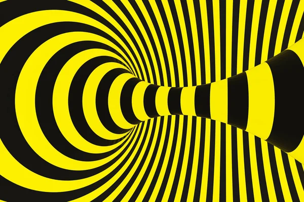 Zwarte en gele politie spiral tunnel. Gestreepte gedraaide hypnotische optische illusie. Waarschuwing veiligheid achtergrond. 3D render. — Stockfoto