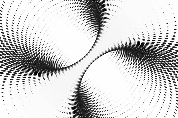 Schwarz-weiß gepunkteter Spiraltunnel. gestreifte verdrehte getupfte optische Täuschung. abstrakter Halbtonhintergrund. 3D-Darstellung. — Stockfoto