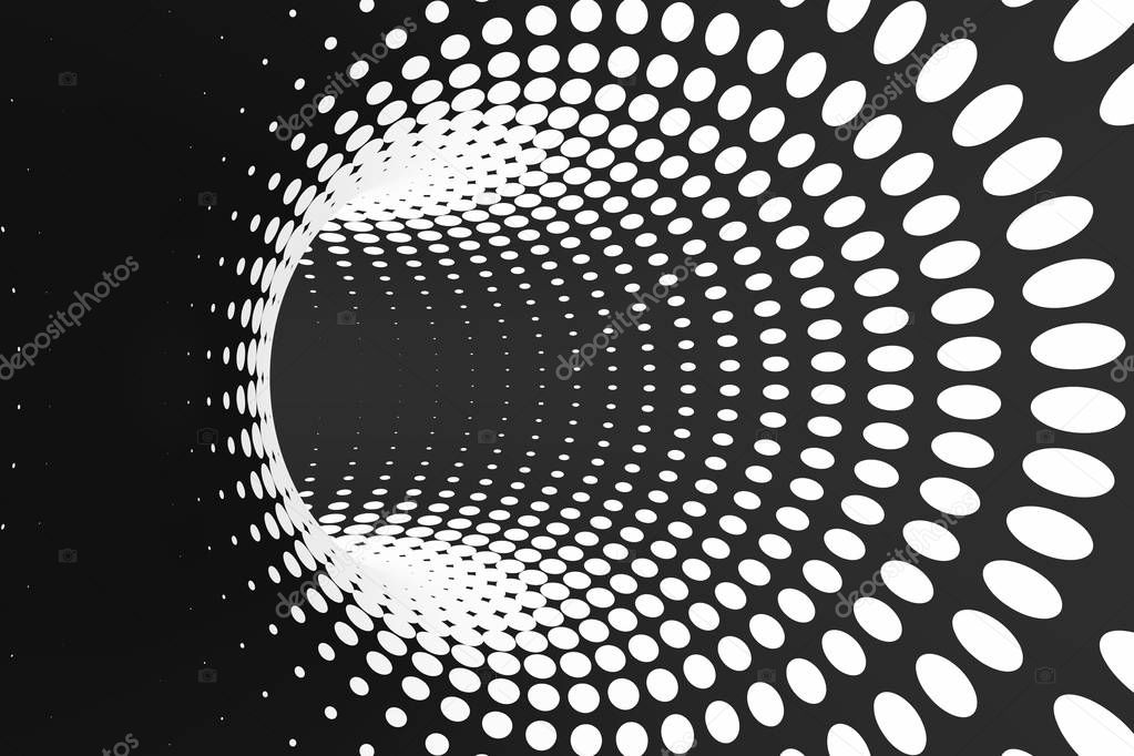 Black and white dotted spiral tunnel. Striped twisted spotted optical illusion. Abstract halftone background. 3D render.