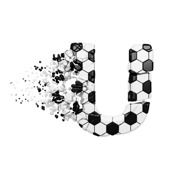 Broken shattered alphabet letter U. Crushed soccer font made of football texture. 3D render isolated on white background. — Stock Photo, Image