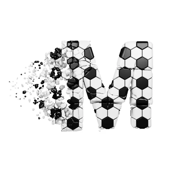 Broken shattered alphabet letter M. Crushed soccer font made of football texture. 3D render isolated on white background. — Stock Photo, Image