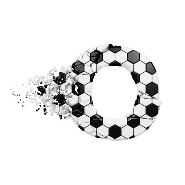 Broken shattered alphabet letter O. Crushed soccer font made of football texture. 3D render isolated on white background. — Stock Photo, Image
