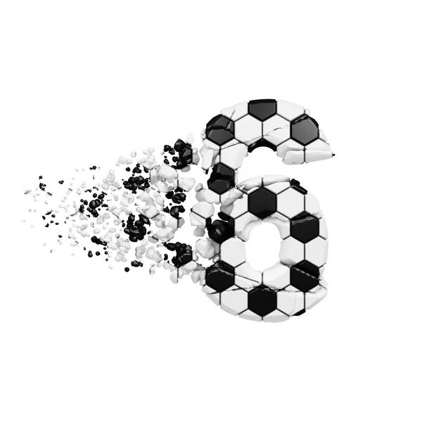 부서진된 알파벳 숫자 6을 부 러. 짓 눌린된 축구는 축구 텍스처의 만든 폰트입니다. 흰색 배경에 고립 된 3 차원 렌더링. — 스톡 사진