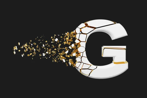 Broken shattered alphabet letter G uppercase. Crushed white and gold font. 3D render isolated on grey background. — Stock Photo, Image