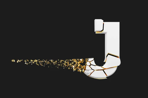 Gebroken verbrijzelde alfabet letter J hoofdletters. Gebroken witte en gouden lettertype. 3D render geïsoleerd op een grijze achtergrond. — Stockfoto