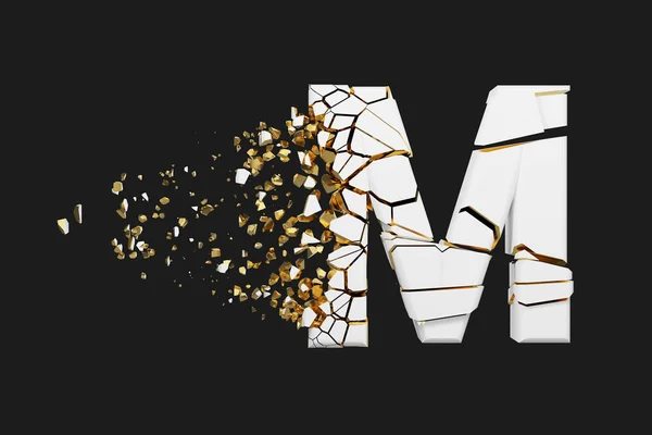 Brutna krossade alfabetet bokstaven M versaler. Krossad vit och guld teckensnitt. 3D render isolerad på grå bakgrund. — Stockfoto