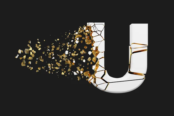 Brutna krossade alfabetet bokstaven U versala. Krossad vit och guld teckensnitt. 3D render isolerad på grå bakgrund. — Stockfoto