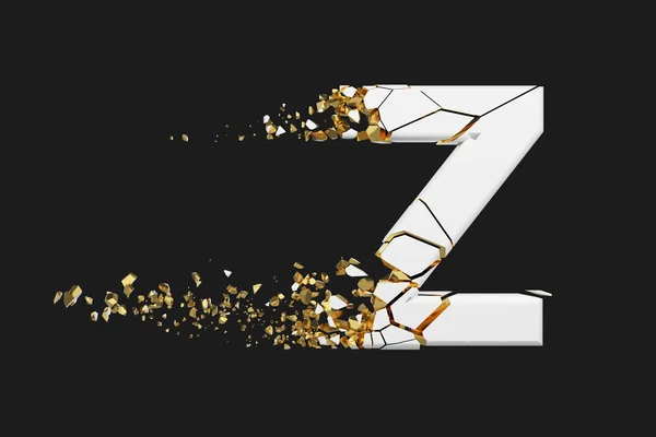 Gebroken verbrijzelde alfabet letter Z hoofdletters. Gebroken witte en gouden lettertype. 3D render geïsoleerd op een grijze achtergrond. — Stockfoto