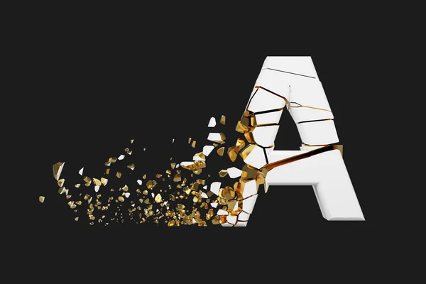 Gebroken Verbrijzelde Alfabet Letter Een Hoofdletter Gebroken Witte Gouden Lettertype — Stockfoto