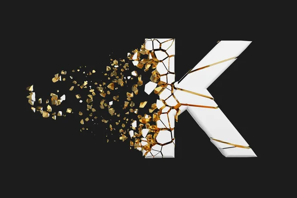 Megtört, összetört ábécé levél K nagybetűs. Tört fehér és arany. 3D render elszigetelt szürke háttér. — Stock Fotó