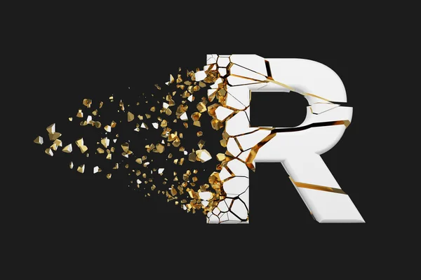 Broken shattered alphabet letter R uppercase. Crushed white and gold font. 3D render isolated on grey background. — Stock Photo, Image