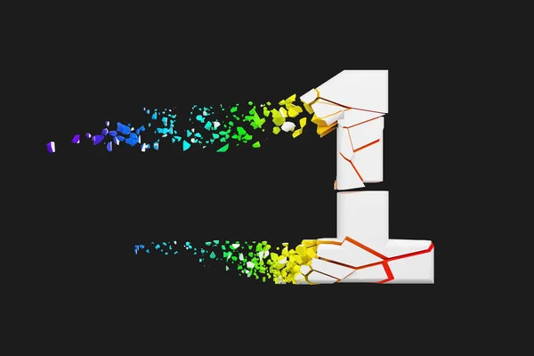 Brutna krossade skimrande alfabetet nummer 1. Krossad vit och rainbow teckensnitt. 3D render isolerade på grå bakgrund. — Stockfoto