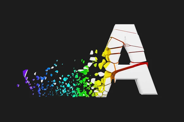 Zerbrochene schillernde Buchstaben des Alphabets in Großbuchstaben. zerquetschte weiße und Regenbogenschrift. 3D-Darstellung isoliert auf grauem Hintergrund. — Stockfoto