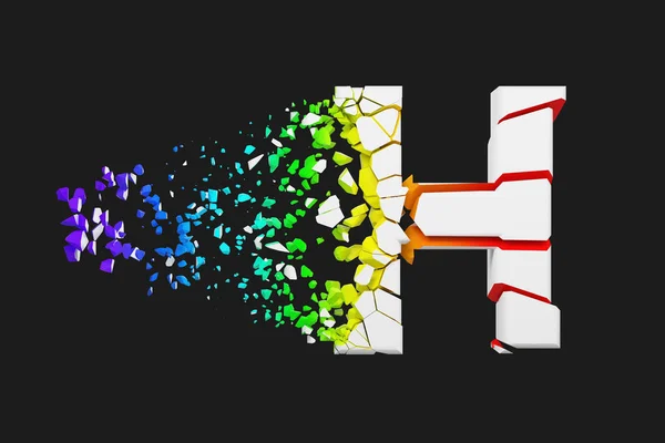 Brutna krossade skimrande alfabetet bokstaven H versaler. Krossad vit och rainbow teckensnitt. 3D render isolerade på grå bakgrund. — Stockfoto