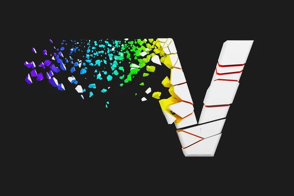 Shattered opalizujący litery V złamane wielkie litery. Zgnieciony white i rainbow czcionki. 3D renderowania na białym tle na szarym tle. — Zdjęcie stockowe