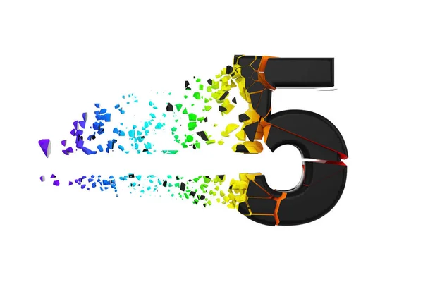 Zerbrochene schillernde Buchstabennummer 5. zermalmte schwarze und Regenbogenschrift. 3D-Darstellung isoliert auf weißem Hintergrund. — Stockfoto
