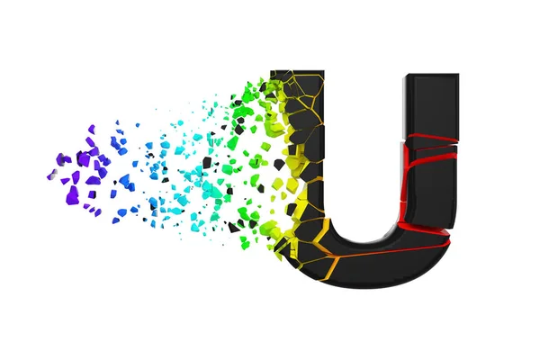 粉々 になった虹色アルファベット U 壊れた大文字。砕いた黒と虹のフォントです。白い背景に分離された 3 d のレンダリング. — ストック写真