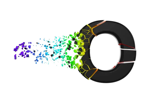Letra del alfabeto iridiscente rota destrozada O mayúscula. Triturado fuente negro y arco iris. Representación 3D aislada sobre fondo blanco . —  Fotos de Stock