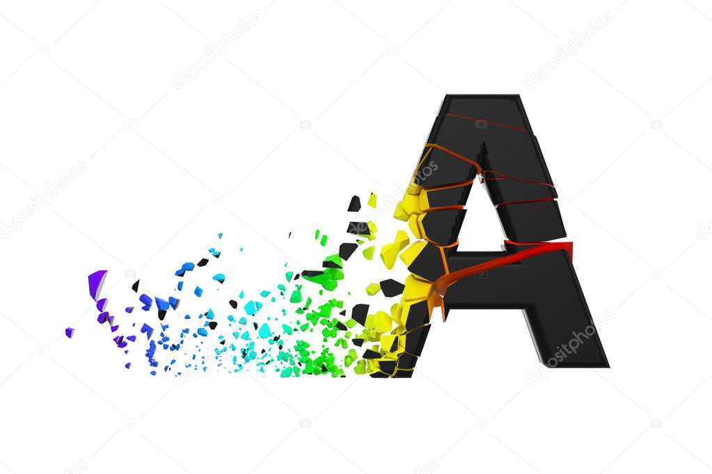 Broken shattered iridescent alphabet letter A uppercase. Crushed black and rainbow font. 3D render isolated on white background.