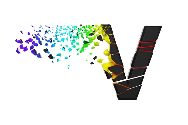 粉々 になった虹色アルファベット V 壊れた大文字。砕いた黒と虹のフォントです。白い背景に分離された 3 d のレンダリング. — ストック写真