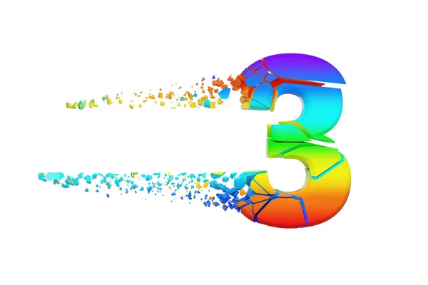 Gebroken verbrijzelde iriserende alfabet nummer 3. Geplette regenboog lettertype. 3D render geïsoleerd op witte achtergrond. — Stockfoto