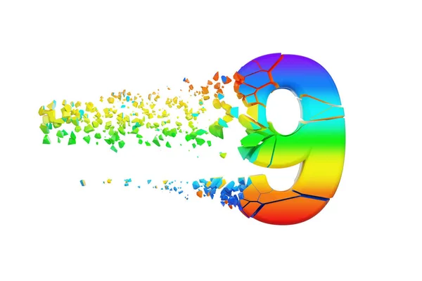 Zerbrochene schillernde Buchstabennummer 9. zermalmte Regenbogenschrift. 3D-Darstellung isoliert auf weißem Hintergrund. — Stockfoto