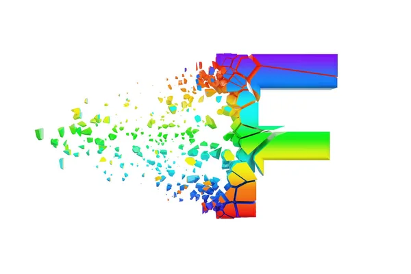 Letra del alfabeto iridiscente rota destrozada F mayúscula. Tipo de letra aplastado arco iris. Representación 3D aislada sobre fondo blanco . —  Fotos de Stock