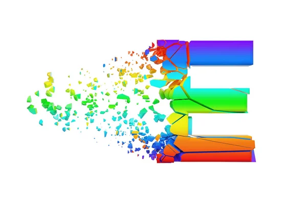 Letra E del alfabeto iridiscente rota y rota en mayúsculas. Tipo de letra aplastado arco iris. Representación 3D aislada sobre fondo blanco . — Foto de Stock