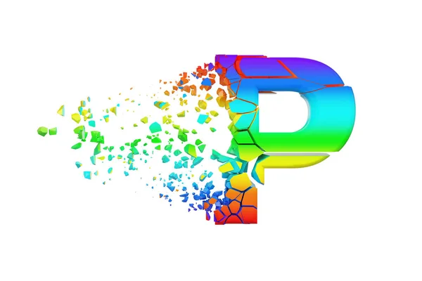 Zerbrochene irisierende Buchstaben des Alphabets p Großbuchstaben. zerquetschte Regenbogenschrift. 3D-Darstellung isoliert auf weißem Hintergrund. — Stockfoto