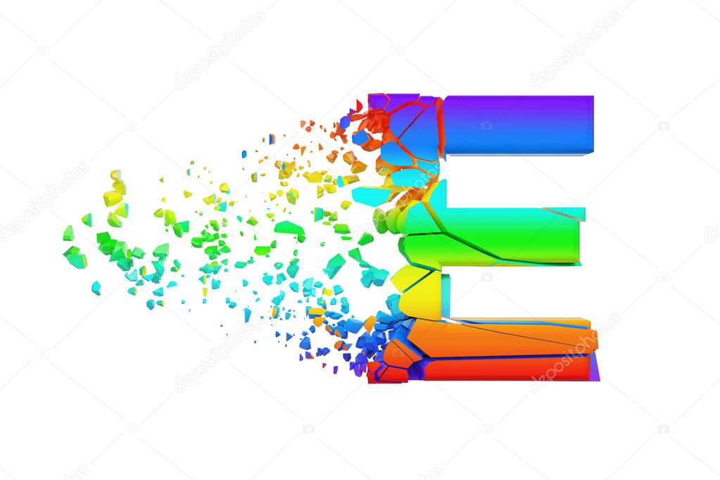 Broken shattered iridescent alphabet letter E uppercase. Crushed rainbow font. 3D render isolated on white background.