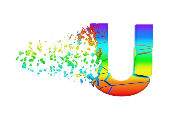 Brutna krossade skimrande alfabetet bokstaven U versala. Krossade rainbow teckensnitt. 3D render isolerad på vit bakgrund. — Stockfoto