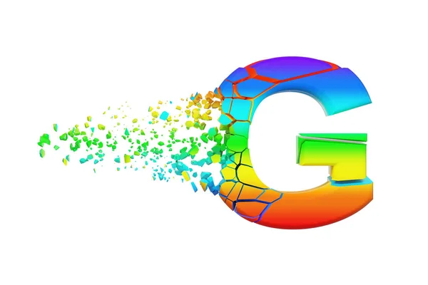 Rompere rotto alfabeto iridescente lettera G maiuscolo. Font arcobaleno schiacciato. Rendering 3D isolato su sfondo bianco . — Foto Stock
