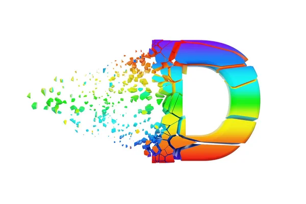 Shattered opalizujący litery D złamane wielkie litery. Zgnieciony rainbow czcionki. 3D renderowania na białym tle. — Zdjęcie stockowe