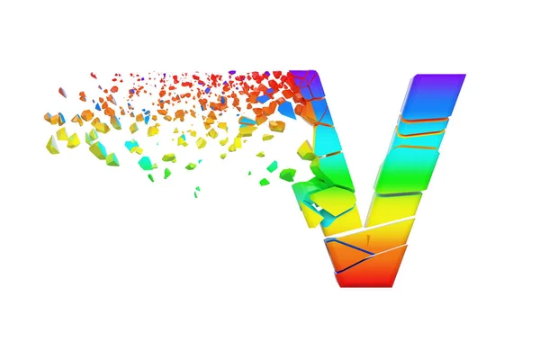 Alfabeto iridiscente roto roto letra V mayúscula. Tipo de letra aplastado arco iris. Representación 3D aislada sobre fondo blanco . — Foto de Stock