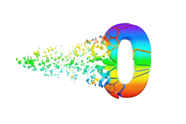 Alfabeto iridescente partido número 0. Fonte do arco-íris esmagado. Renderização 3D isolada em fundo branco . — Fotografia de Stock