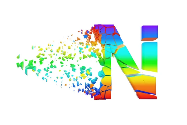 Gebroken verbrijzelde iriserende alfabet letter N hoofdletters. Geplette regenboog lettertype. 3D render geïsoleerd op witte achtergrond. — Stockfoto