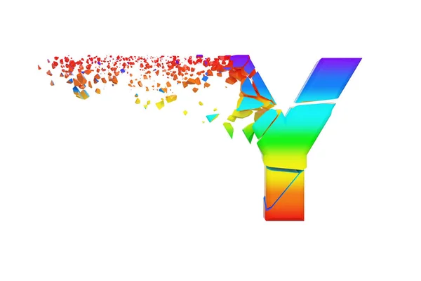 Złamane shattered opalizujący litery Y wielkie litery. Zgnieciony rainbow czcionki. 3D renderowania na białym tle. — Zdjęcie stockowe