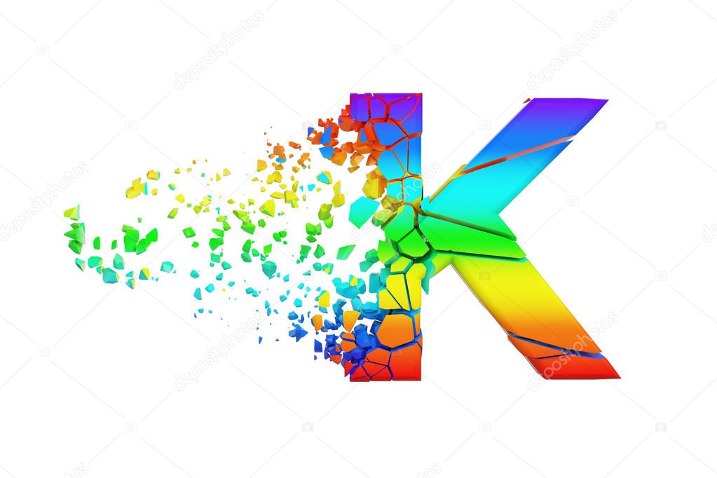 Broken shattered iridescent alphabet letter K uppercase. Crushed rainbow font. 3D render isolated on white background.