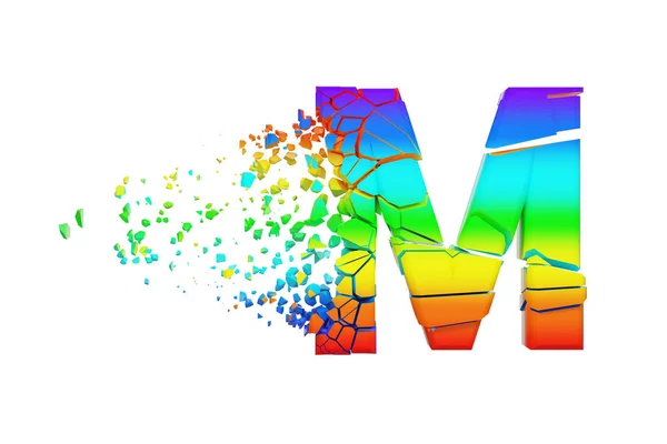 Brutna krossade skimrande alfabetet bokstaven M versaler. Krossade rainbow teckensnitt. 3D render isolerad på vit bakgrund. — Stockfoto