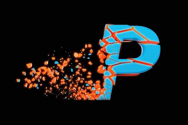 Сломанный быстрый спортивный алфавит буква P прописная. Сокрушённый шрифт для гонок. 3D рендеринг на черном фоне . — стоковое фото