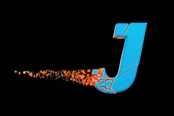 Gebroken verbrijzelde snel sportief alfabet letter J hoofdletters. Snelle race lettertype verpletterd. 3D render geïsoleerd op zwarte achtergrond. — Stockfoto