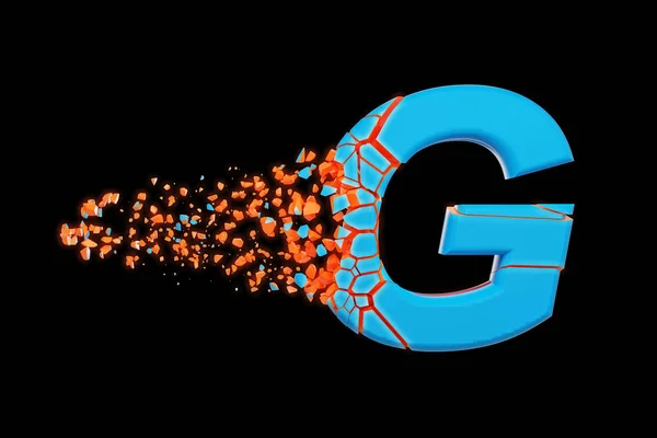 Сломанный быстрый спортивный алфавит буква G прописная. Сокрушённый шрифт для гонок. 3D рендеринг на черном фоне . — стоковое фото
