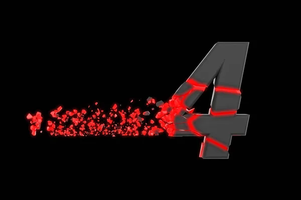 Kaputt zertrümmerte schnell sportliche Buchstabennummer 4. zerquetschte schnelle Rennschrift. 3D-Darstellung isoliert auf schwarzem Hintergrund. — Stockfoto