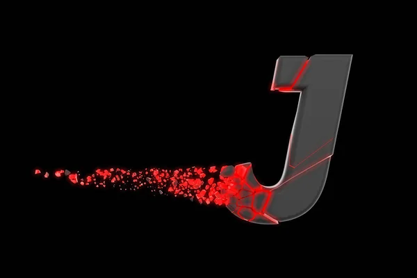 Shattered szybki sportowy alfabet litery J złamane wielkie litery. Zgnieciony Szybkie wyścigi czcionki. 3D renderowania na białym na czarnym tle. — Zdjęcie stockowe
