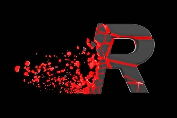 Розбитий швидкий спортивний алфавіт літера R верхній регістр. Подрібнений швидкий гоночний шрифт. 3D візуалізація ізольована на чорному тлі . — стокове фото