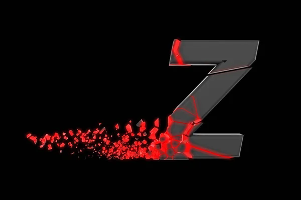 Σπασμένα γκρεμίστηκε γρήγορο σπορ αλφάβητο γράμμα Z κεφαλαία. Συνθλίβονται ταχεία αγωνιστικά γραμματοσειρά. 3D καθιστούν απομονώνονται σε μαύρο φόντο. — Φωτογραφία Αρχείου