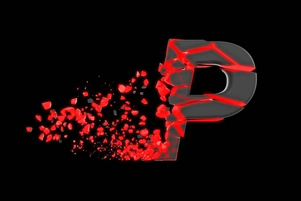 Σπασμένα γκρεμίστηκε γρήγορο σπορ αλφάβητο γράμμα P κεφαλαία. Συνθλίβονται ταχεία αγωνιστικά γραμματοσειρά. 3D καθιστούν απομονώνονται σε μαύρο φόντο. — Φωτογραφία Αρχείου